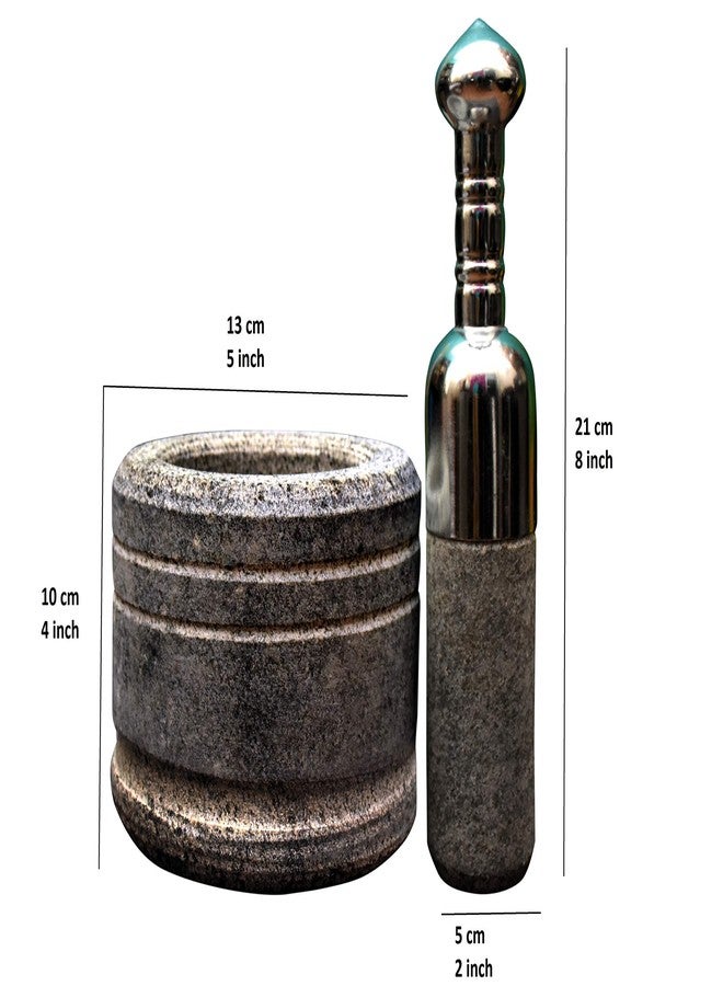 EZAHK Mortar and Pestle Set with Stainless Steel Handle for Spices (6 inch), Okhli Masher, Ural, Khalbatta, Kharal, Mixer, Natural & Traditional Grinder Musal, Well Design for Kitchen and Home - Image 4
